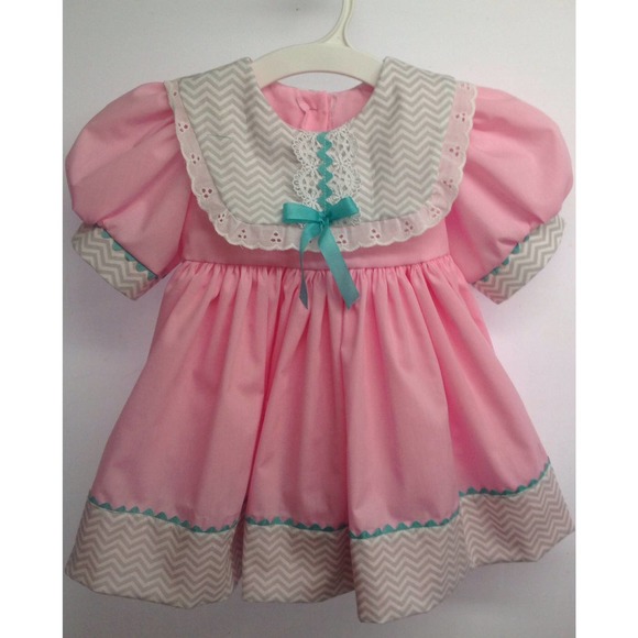 Baby Dress Pink with Grey Chevron Baby Cotton Dress Size 6 mos. Handmade - Picture 1 of 3